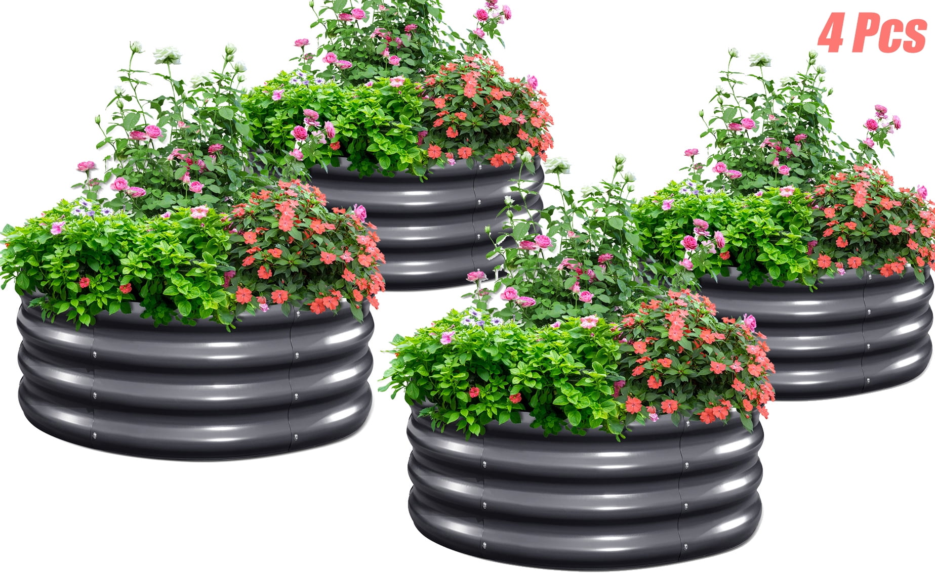 King Bird 4PCS 2x2x1 ft Raised Garden Bed Galvanized Steel Planter Garden Box for Outdoor Gardening Vegetables Flowers Round Dark Gray