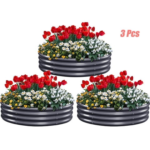 King Bird 3PCS 4x4x1 ft Raised Garden Bed Galvanized Steel Planter Garden Box for Outdoor Gardening Vegetables Flowers Round Dark Gray