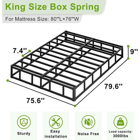 King Box Spring 9 Inch - Heavy Duty Box Spring Mattress Foundation Metal Bed Base with Fabric Cover, Noise Free Easy Assembly Non Slip/Non-Slip/Easy Assembly