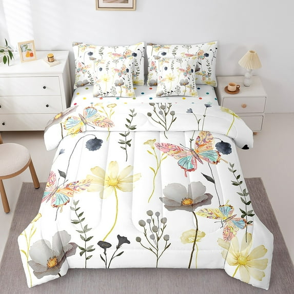 King Butterfly Comforter Set With Sheets 7 Piece,Watercolor Floral Bedding Sets Teens Women,Yellow Grey Flower Bed In A Bag Pastoral Branches Rustic Farmhouse Bedding Comforter Sets