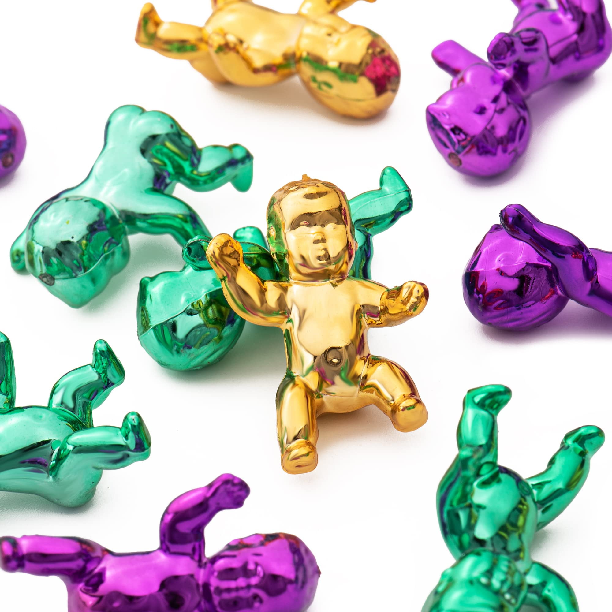 12-Piece Mardi Gras King Cake Babies - Gold, Green & Purple Plastic Babies For Cake Decor