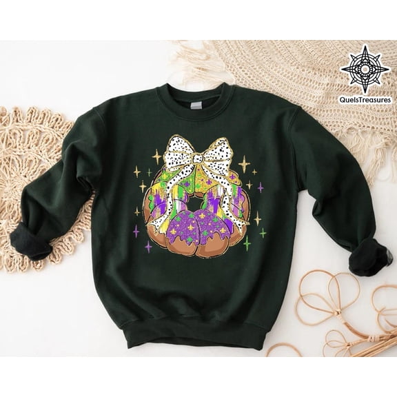 King Cake Coquette Bow Sweatshirt, Mardi Gras Sweatshirt, Mardi Gras King Cake Shirt,Louisiana Party Tee,Mardi Gras ,Cozy Carnival Shirt Sweatshirt All Size S-5XL