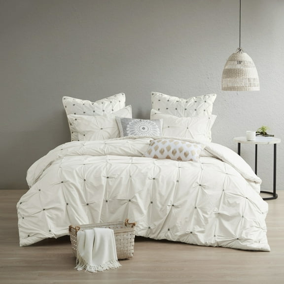 King/Cal King 3 Piece Elastic Embroidered Cotton Duvet Cover Set