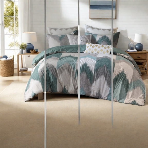 King/Cal King Aqua Bedding Sets Hypoallergenic Cotton Comforter with Modern Chevron Design for Bedroom