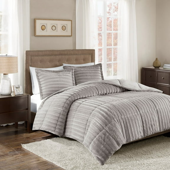 King/Cal King Faux Fur Comforter Mini Set,Grey Polyester Household Supplies Décor Bedding Bedding Sets