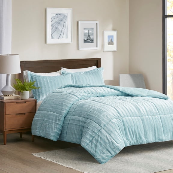 King/Cal King Faux Fur Comforter Mini Set,Teal Blue Polyester Household Supplies Décor Bedding Bedding Sets