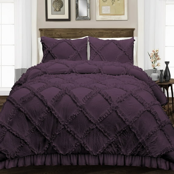 King/Cal King Size Egyptian Cotton 1000 Thread Count Duvet Cover Diamond Ruffle Ultra Soft & Breathable 3 Piece Luxury Soft Wrinkle Free Cooling Sheet (1 Duvet Cover with 2 Pillowcases, Plum)