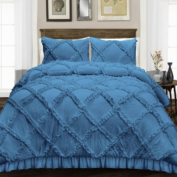 King/Cal King Size Egyptian Cotton 600 TC Duvet Cover Diamond Ruffle Ultra Soft & Breathable 3 Piece Luxury Soft Wrinkle Free Cooling Sheet (1 Duvet Cover with 2 Pillowcases, Mediterranean Blue)