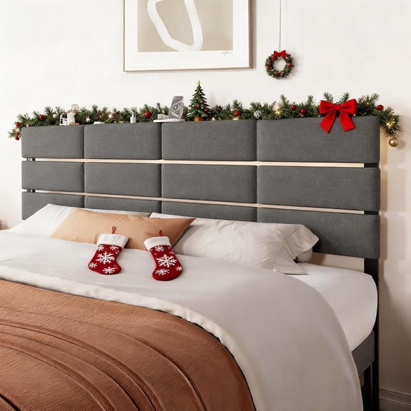King/Cal King Size Upholstered Headboard, Adjustable Head Boards with LED Light & Charging Station, Bed Headboard Only, Attach Frame, Ideal for Bedroom, Dorm, Guest Room, Dark Grey