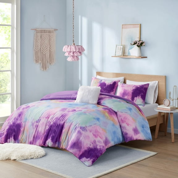 King/Cal King Watercolor Tie Dye Printed Comforter Set with Throw Pillow