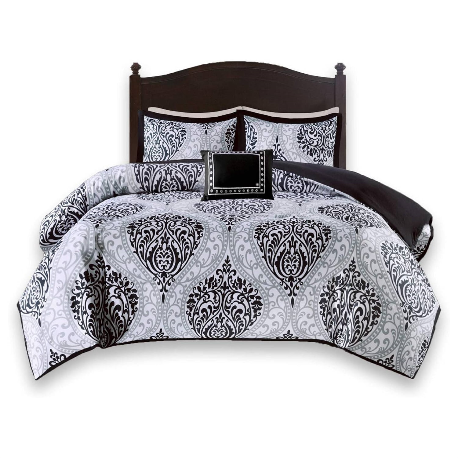 King/California King 4-Piece Black White Damask Comforter Set with ...