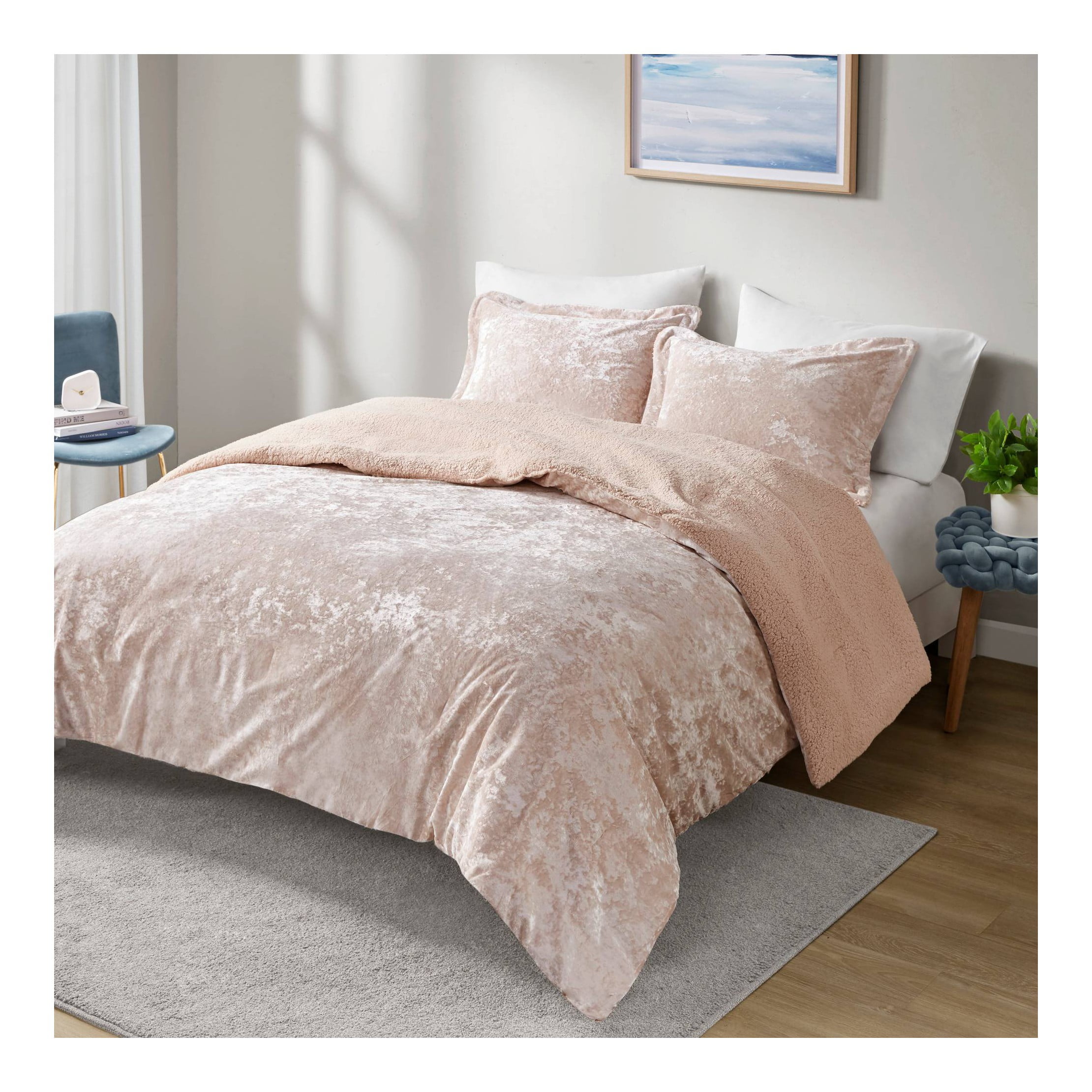 King California King Arabella Crushed Velvet to Faux Shearling Soft Reversible Teen Comforter Set Blush