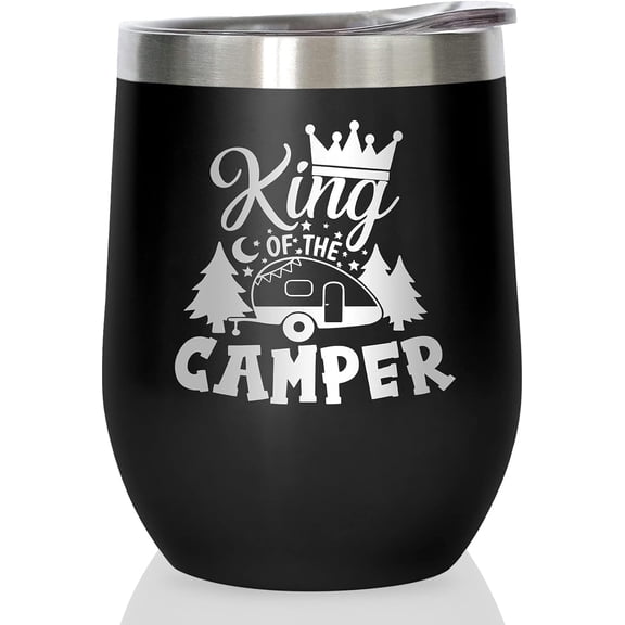King of The Camper Wine Tumbler, Outdoor Camping Gifts Coffee Mug Cup, Camp Wine Glass Stemless Tumblers with Lid Stainless Steel Insulated Vacuum, RV Gifts for Campsite Travel Camping 12 Oz