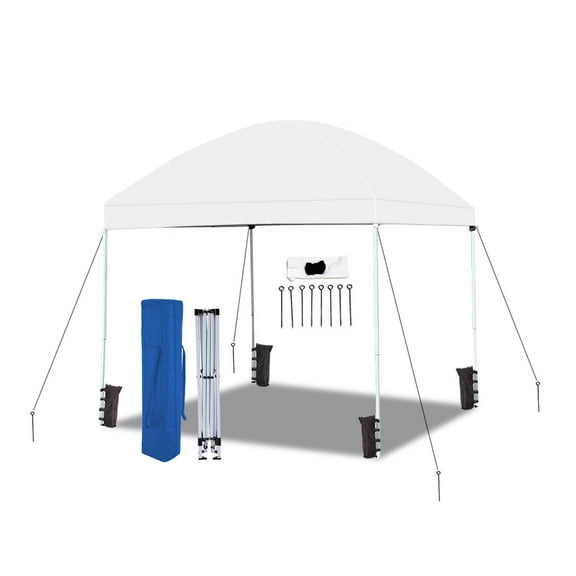 King Canopy Easy Shut 8'x8' Instant Pop up Canopy with Weight Bags, Guy Ropes and Stakes, Fiberglass Rod, Dome Roof, White