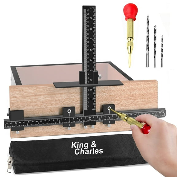 King&Charles Cabinet Hardware Jig, Aluminum Alloy Cabinet Handle Jig + Auto Hole Punch + Point Drils Bits, Use for Handles Knobs Pulls on Drawers/Doors, Wood Drilling Dowelling Guide Set.