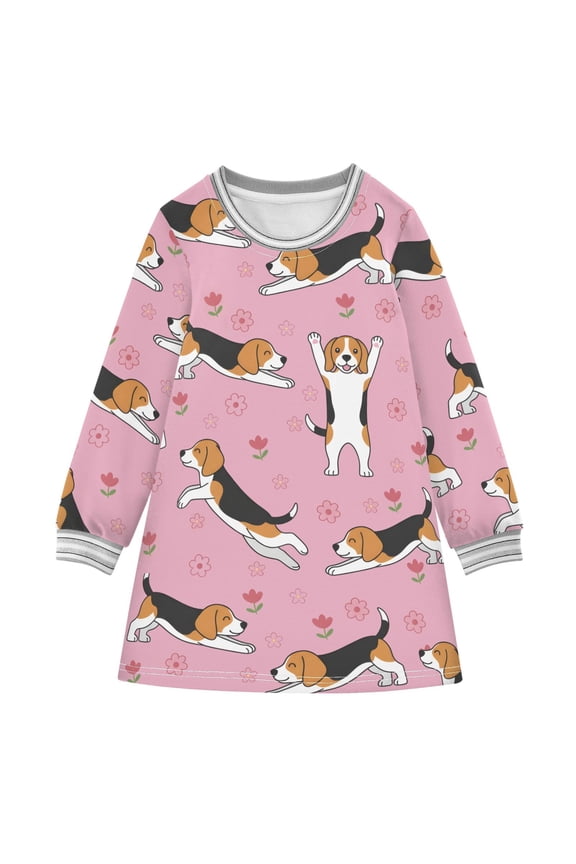 King Charles Dog Pattern Girls'long-sleeved dress Thickened A-dress Warm Dress Basic Shirt Party Dresses