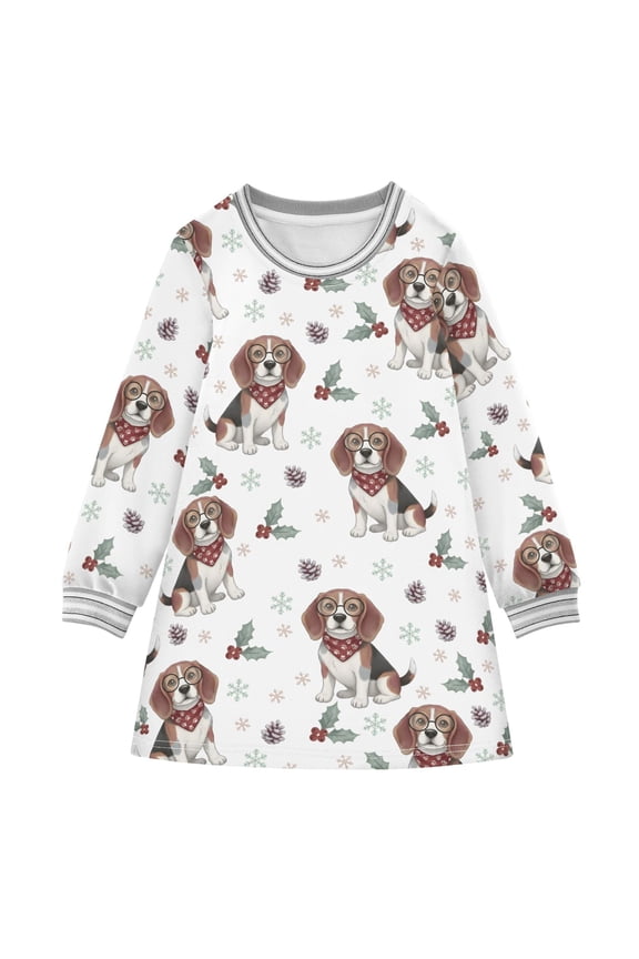 King Charles Dog Pattern Girls'long-sleeved dress Thickened A-dress Warm Dress Basic Shirt Party Dresses