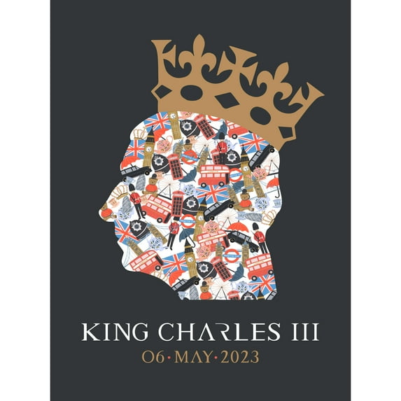 King Charles III Coronation Date British Symbol Head Collage with Crown Grey Design Extra Large XL Wall Art Poster Print
