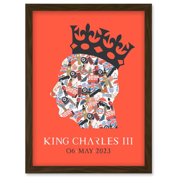 King Charles III Coronation Date British Symbol Head Collage with Crown Red Design Artwork Framed Wall Art Print A4