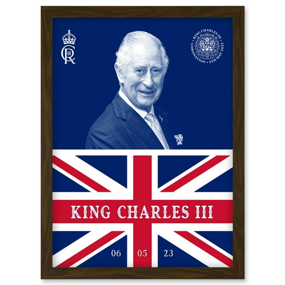 King Charles III Coronation Date Crest Emblem Union Jack and Sovereign Artwork Framed Wall Art Print A4