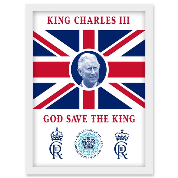 King Charles III Coronation God Save the King Union Jack Crest and Emblem Artwork Framed Wall Art Print A4