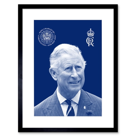 King Charles III Coronation Royal Blue Portrait Picture with Crest and Emblem Artwork Framed Wall Art Print 9X7 Inch