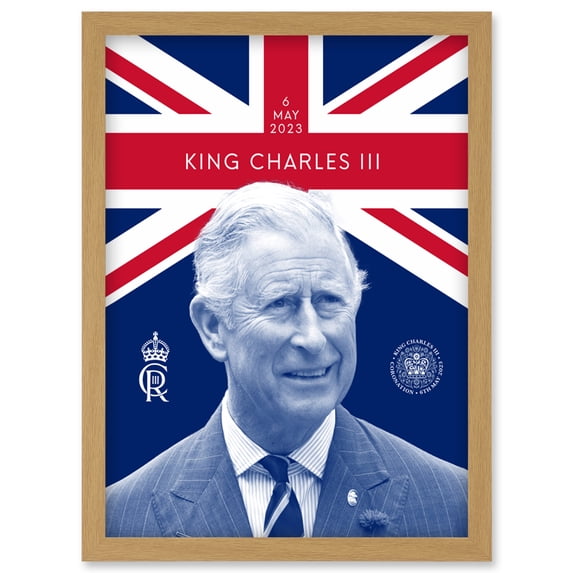 King Charles III Reigning Under the Union Flag Coronation Date Crest and Emblem Artwork Framed Wall Art Print A4