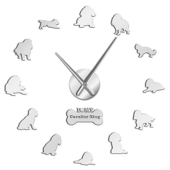 King Charles Spaniel DIY Wall Art Home Decor DIY Oversized Wall Clock Dog Breed Frameless Wall Clock Dog Memorial Gift(Silver,27inch)