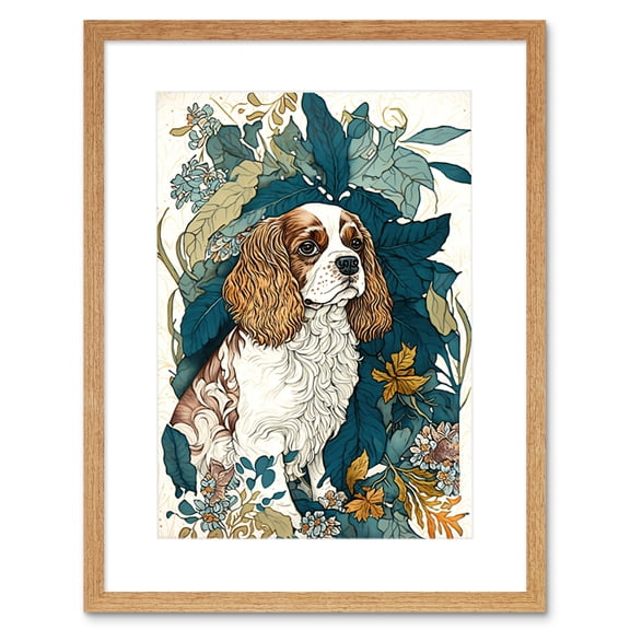 King Charles Spaniel Dog in Leafy Plants Modern Illustration Artwork Framed Wall Art Print 9X7 Inch