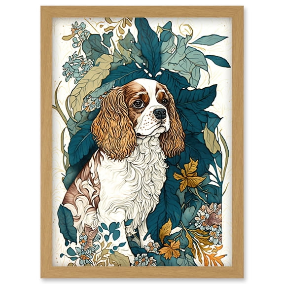 King Charles Spaniel Dog in Leafy Plants Modern Illustration Artwork Framed Wall Art Print A4