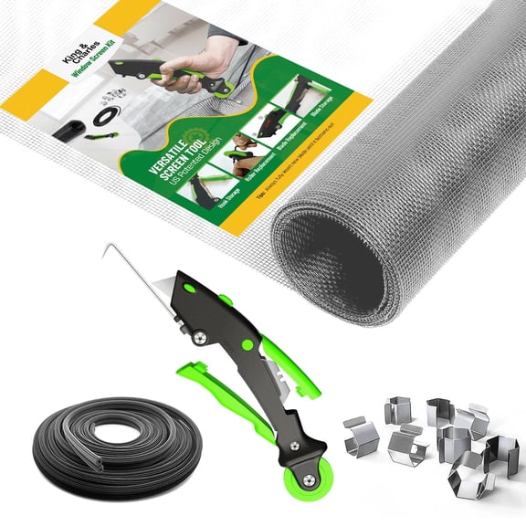 King&Charles Window Screen Door Repair/Replacement Kit, Includes Gray Screen Mesh 48"x118"+ Versatile Screen Roller Tool+50Ft Spline+8Clips, Insect Screen,Pet Proof Window Mesh Kit