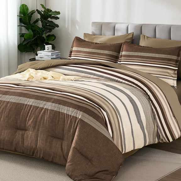 King Chocolate Brown Striped Microfiber Bed-in-a-Bag 7 Piece All Season Bedding Set