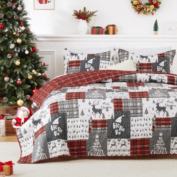 King Christmas Quilt Set, Reversible Printed 3-Piece Bedding