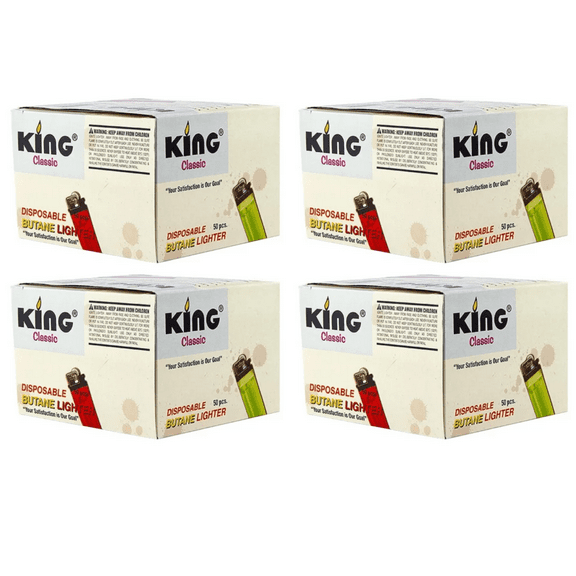 King Classic Disposable Butane Lighters Assorted Colors 50 Lighters Per Box 200 Count 4 Boxes