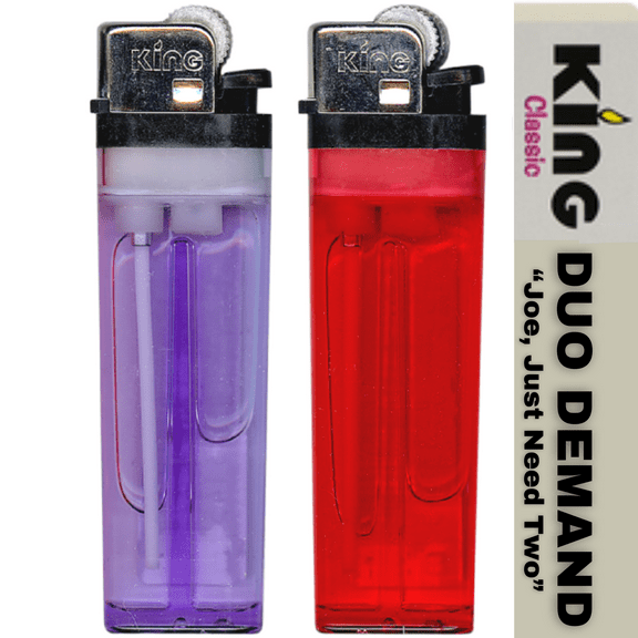 King Classic Disposable Butane Lighters DUO on DEMAND "Joe, Just Need Two" (2 Lighters) Color May Vary