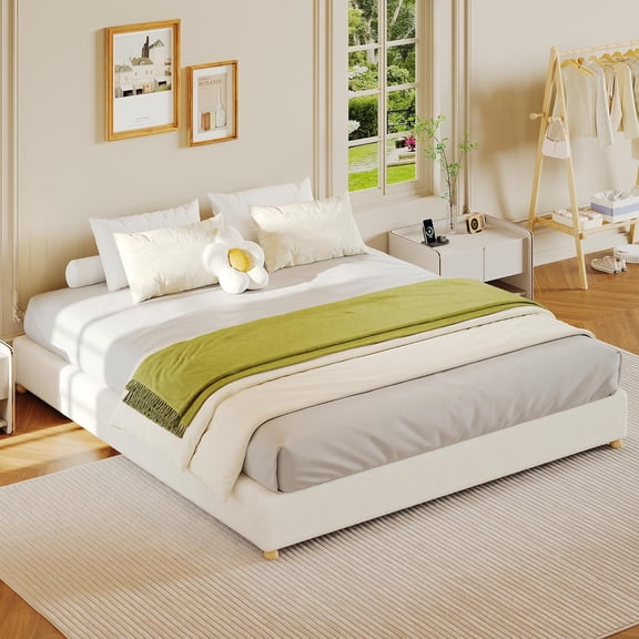 King Cloud Bed Frame, Corduroy Soft Fabric Low Bed Frames with Solid Wood Round Legs, Twin Size Platform Bed Without Headboard, No Box Spring Needed, Noiseless