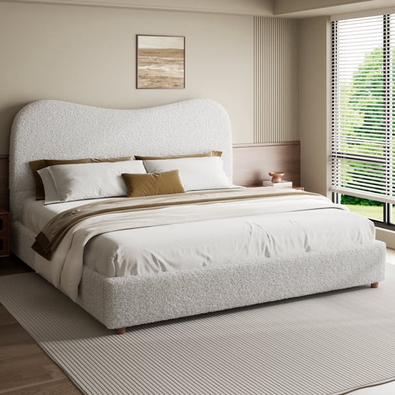 King Cloud Bed Frame Soft Boucle Upholstered Platform Bed With Headboard, Modern Teddy Fabric Headboard, Wooden Slats Support, No Box Spring Needed, Easy Assembly, Noise Free, Beige