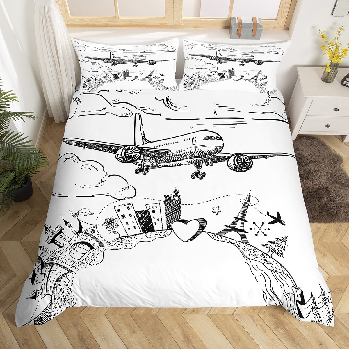 King Comforter Cover Airplane Duvet Cover Hand Drawn House Hemisphere