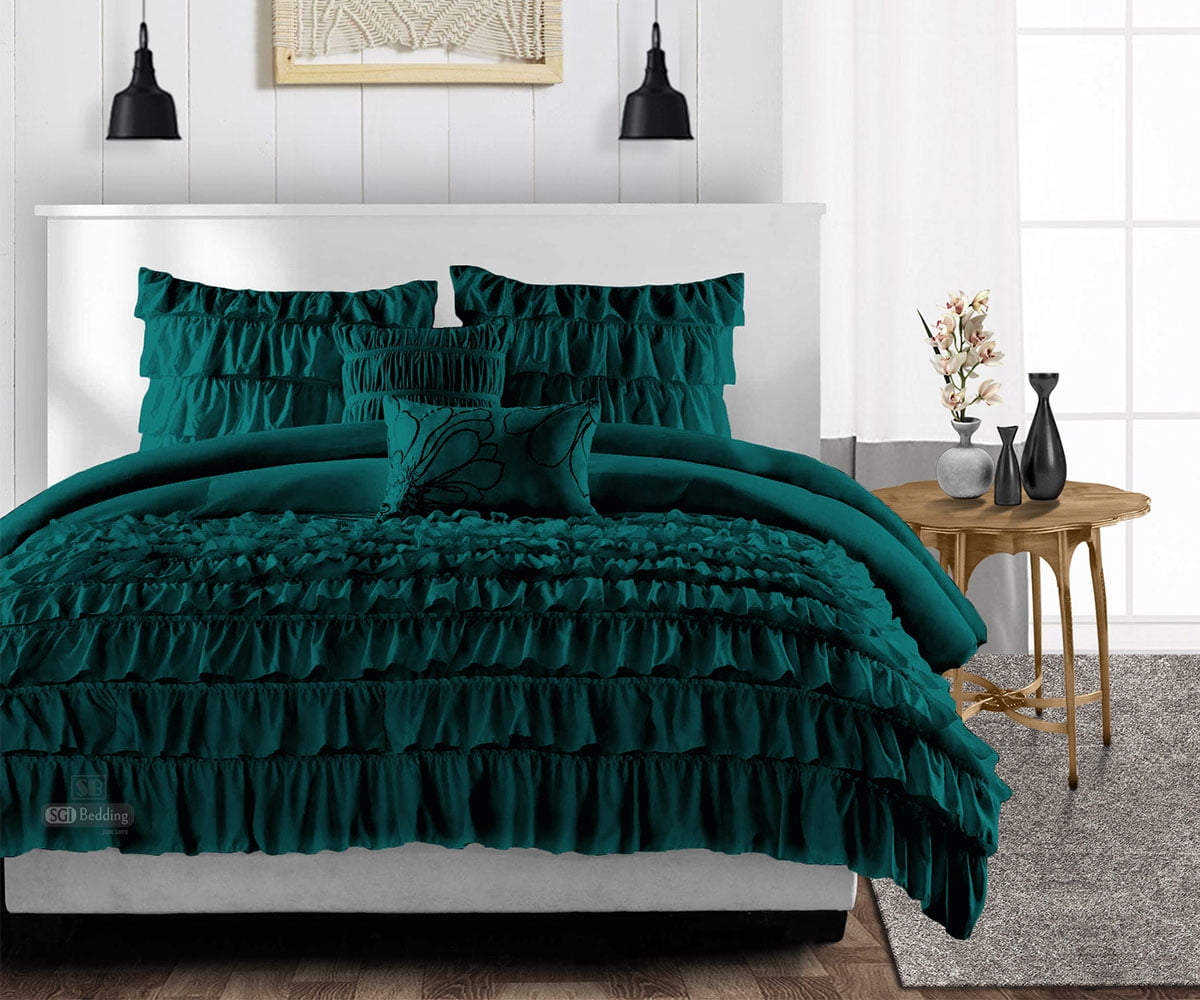 King Comforter Multi Ruffle Teal 300 GSM Plush Siliconized Microfiber ...