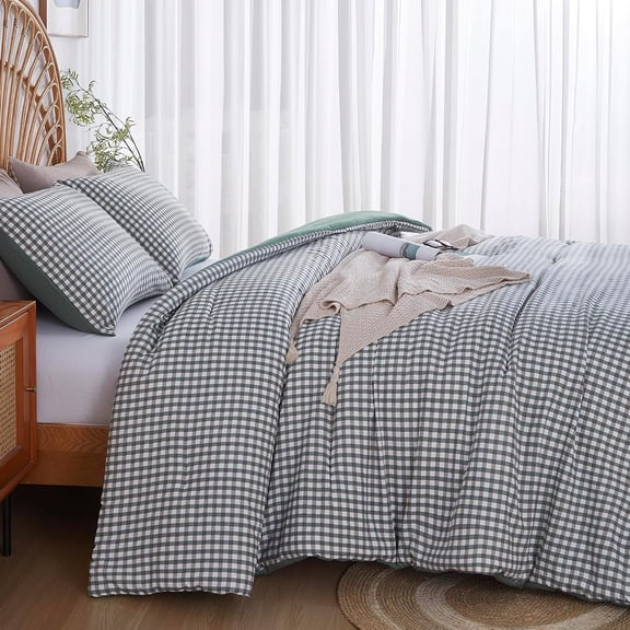 King Comforter Set, 3 PCS Green Gingham Bedding Comforter, Reversible Lightweight Fluffy Checkered Bedding Set with 2 Pillowcases for All Seasons - 104" x 90"