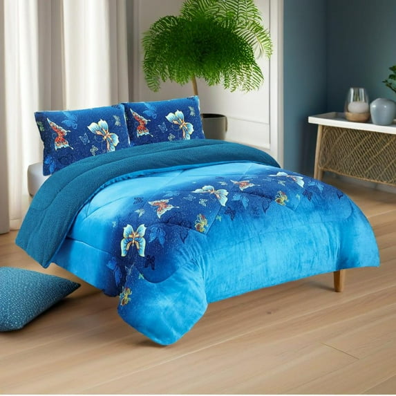 King Comforter Set 3-Piece - Luxurious Floral Butterfly Print in Vibrant Blue - Soft, Hypoallergenic Fabric with Deep Fitted Sheets