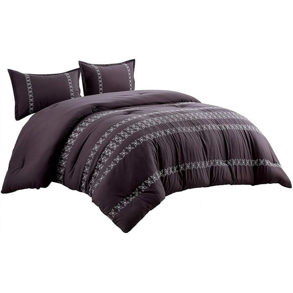 King Comforter Set 3 Piece Soft Luxurious Brushed Microfiber Mauve Purple White Embroidered Bedding with Pillow Shams-Maria (King (3 Piece))