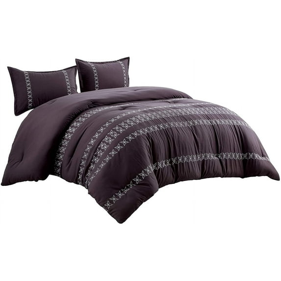 King Comforter Set 3 Piece Soft Luxurious Brushed Microfiber Mauve Purple White Embroidered Bedding with Pillow Shams-Maria (King (3 Piece))