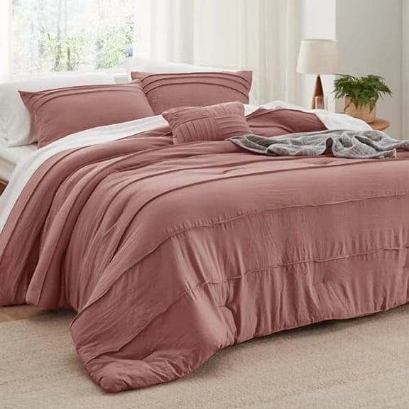 King Comforter Set - 4 Pieces Pinch Pleat Bed Set, Dusty Pink Boho Bedding for All Season, 1 Soft Comforter, 2 Pillowcases, 1 Decorative Pillow