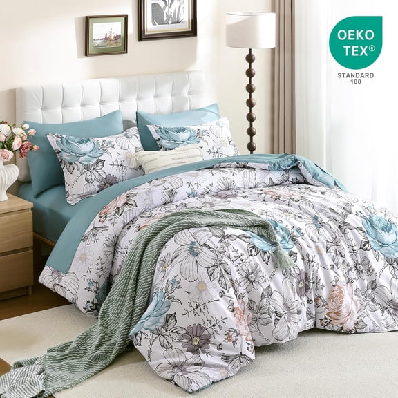 King Comforter Set 7 Pieces Bedding Sets Teal Blue Floral Soft Microfiber All Seasons