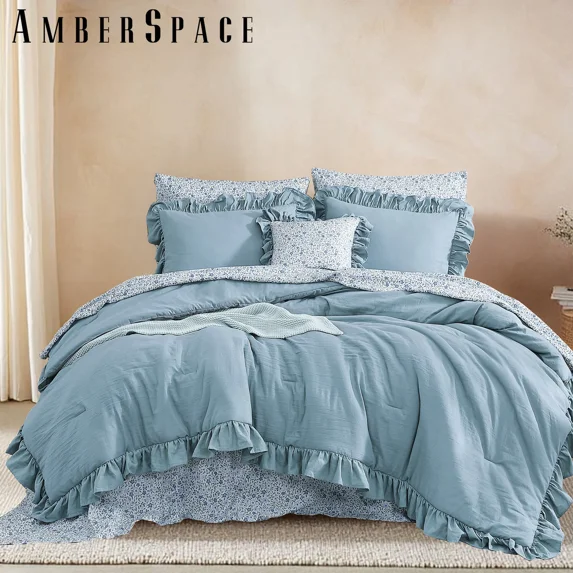 Amberspace Ruffle Design 7-piece Bed in a Bag Comforter Set with Sheets,Blue,King