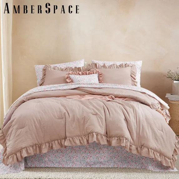 Amberspace Ruffle Design 7-piece Bed in a Bag Comforter Set with Sheets,Rose,King