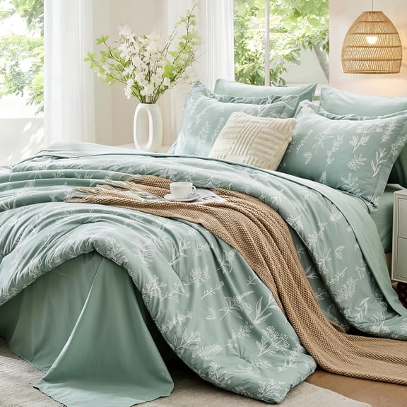 King Comforter Set 7 Pieces Sage Green Floral Print Reversible Botanical Bedding Set