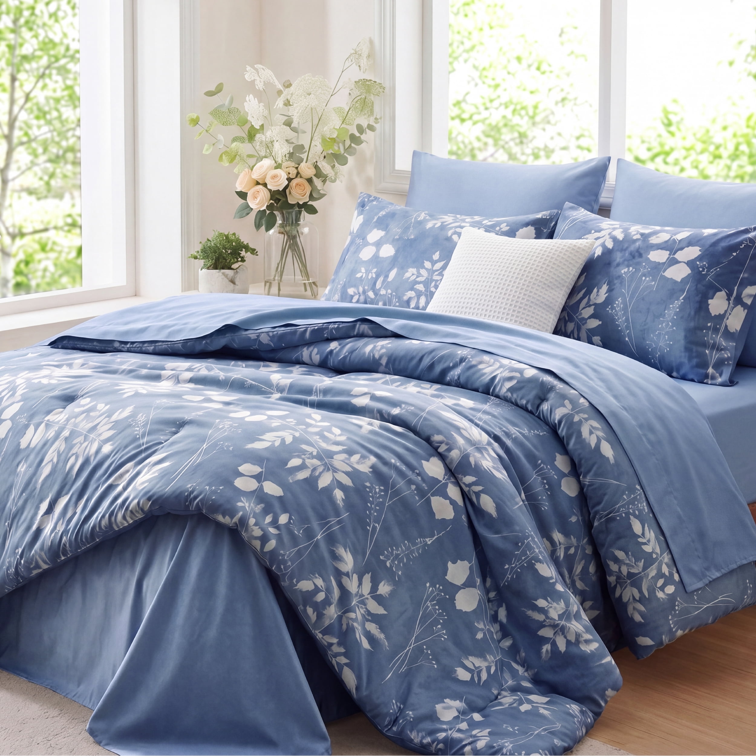 U by Bedsure King Comforter Set Blue, Bed in a Bag King Size Bedding, 7-Pieces Botanical Flowers Spring Comforter, Sheets, Pillowcases & Shams