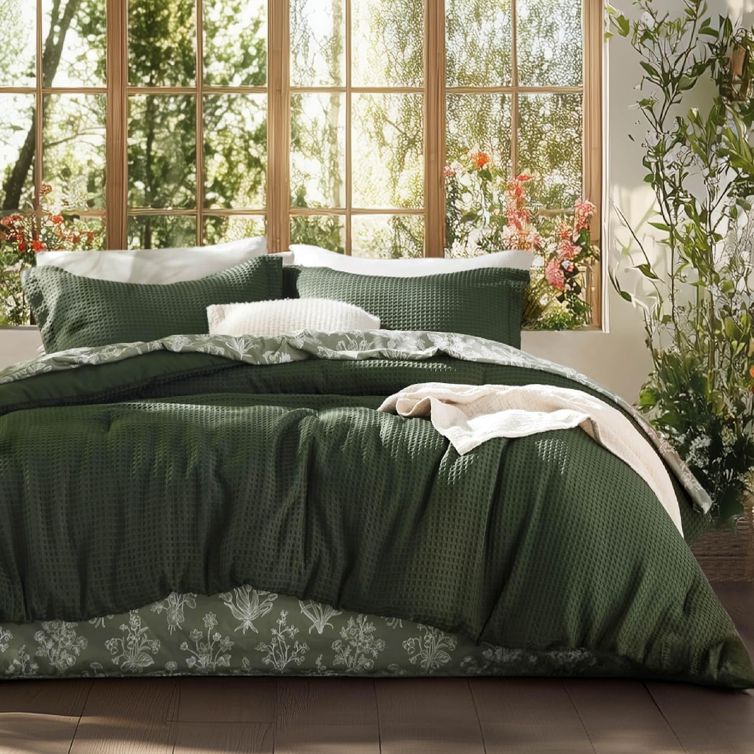 King Comforter Set - Dark Green Floral Bedding, 4 Pieces Waffle Bed Set, 1 Waffle Weave ...